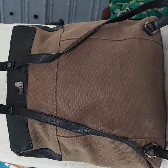 Vintage Kooba tan  canvas Black leather Backpack Shoulder Travel Bag